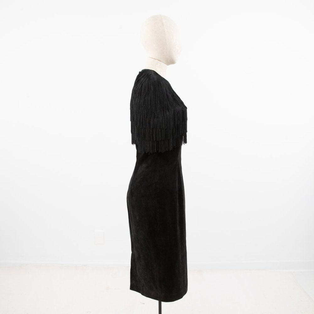 Vintage S/M Fringe Suede Leather Midi Dress Black - Picture 8 of 12
